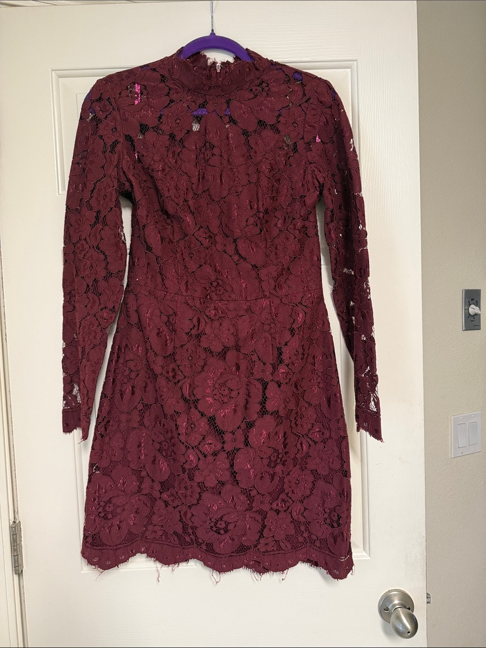 Betsey Johnson Burgundy Lace Long-Sleeve Mini Dress - Picture 1 of 2